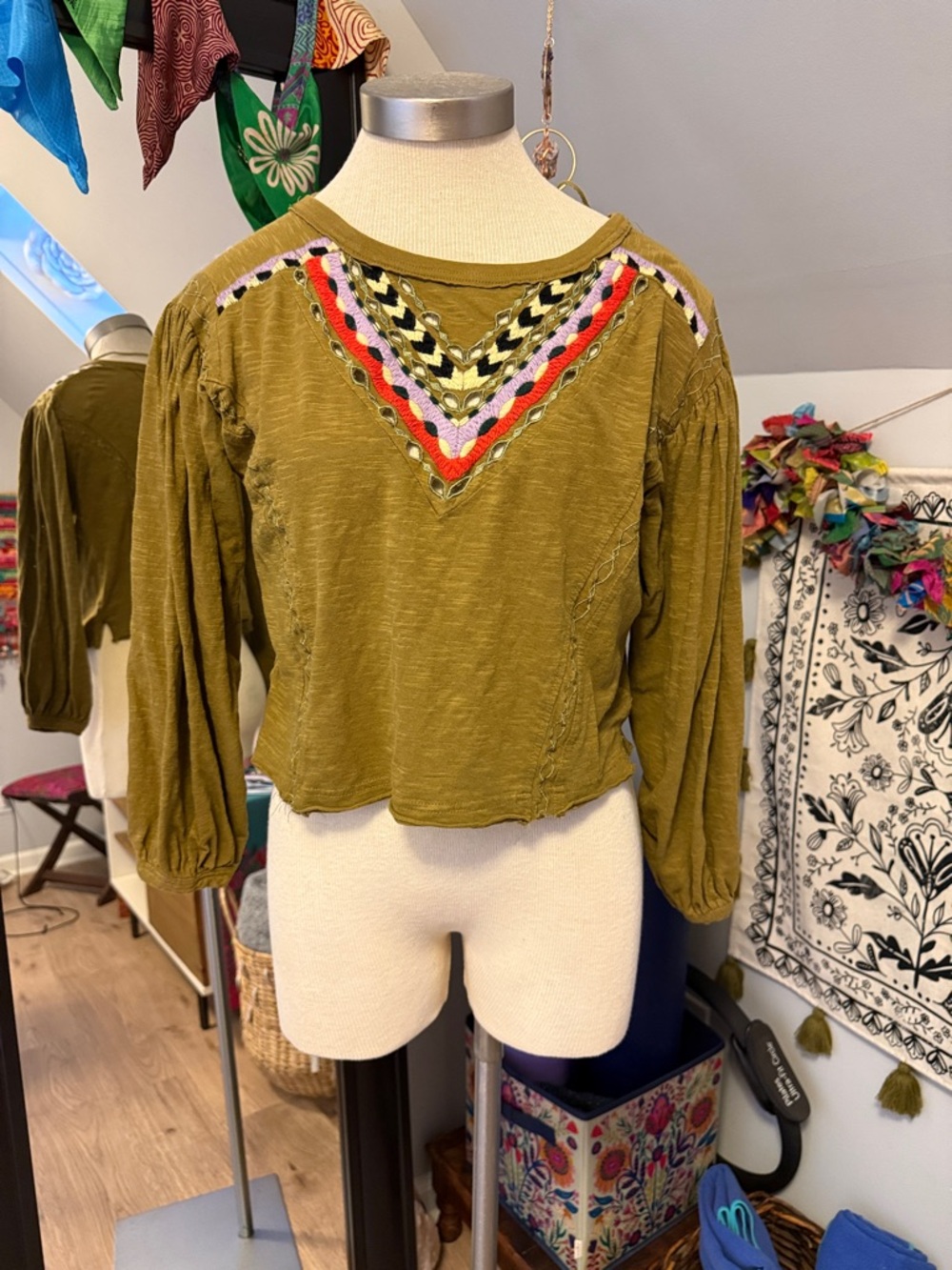 Free People Olive Embroidered V-Neck Tunic Top